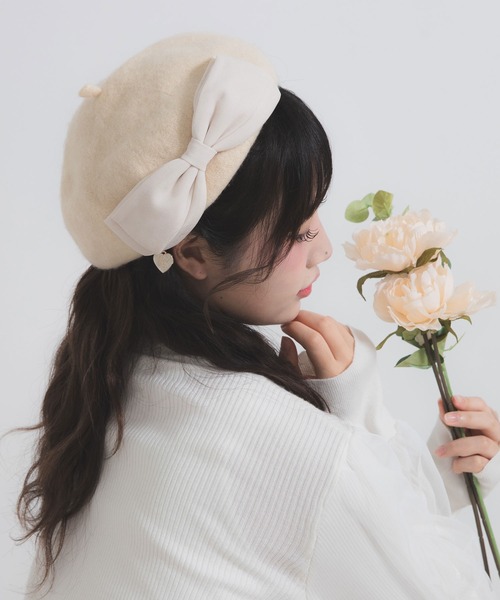 DearMyLoveRose 帽子 ベレー帽 RSハートチャーム付リボンベレー