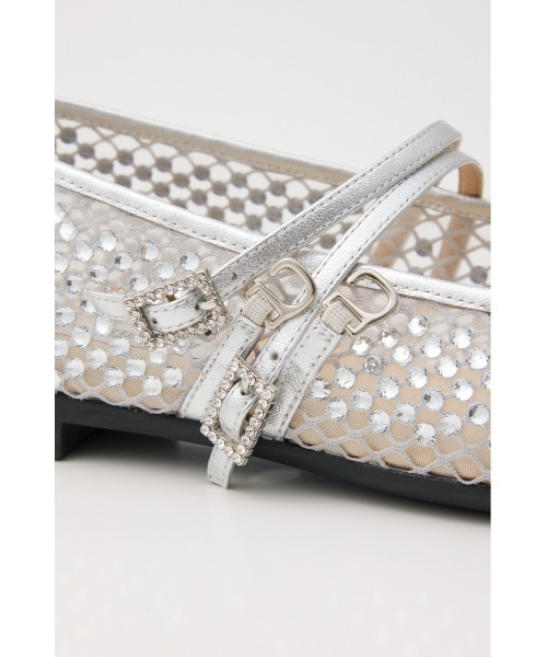STACCATO クリスタル メッシュ ベルト フラット シューズ シルバー STACCATO バレエシューズ パンプス クリスタルメッシュベルト