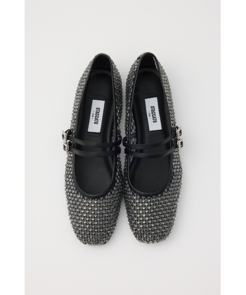 美品 スタッカート クリスタルロットパンプス ビジュー ブラック 24.5 STACCATO バレエシューズ パンプス クリスタルメッシュベルト