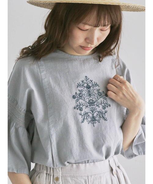 TSUHARU by Samansa Mos2 ブラウス シャツ 綿麻モチーフ刺繍