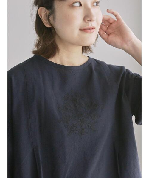 ツハル TSUHARU リネン 麻 刺繍 ブラウス カットソー Tシャツ 黒 TSUHARU by Samansa Mos2 ブラウス シャツ 綿麻モチーフ刺繍