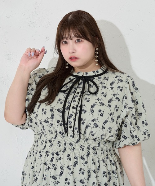 Louiosy ワンピース 「大きいサイズ」配色リボン付きティアード