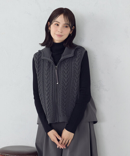 COMME CA ISM ベスト ジレ ケーブルニット×タフタジレ レディース