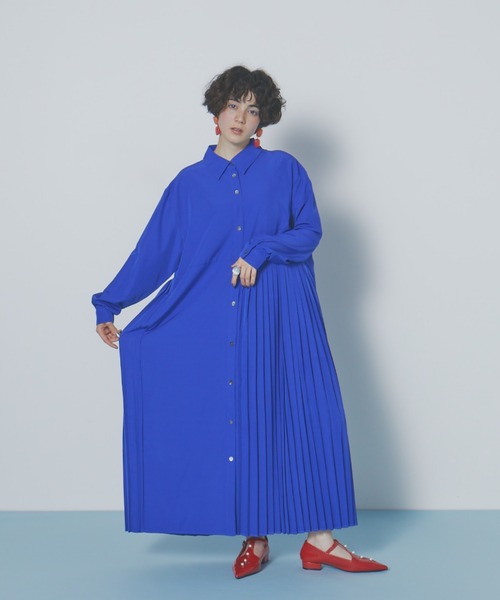 プリーツプリーズ　配色　ロングワンピース　アシンメトリー　ブルー系　美品 PLEATS PLEASE（プリーツ プリーズ） 美品 25SS PLEATS PLEASE