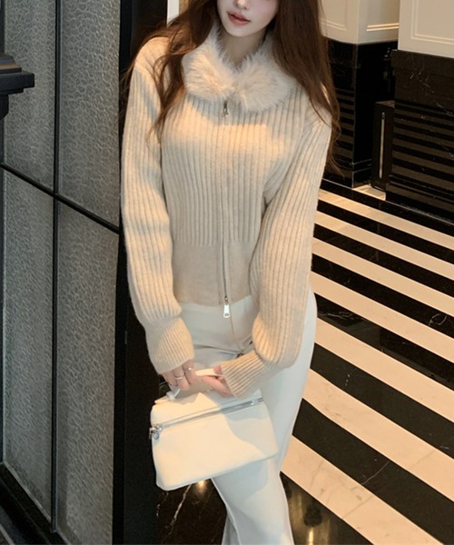 Songe ニット セーター ファーカラージップアップニットトップス