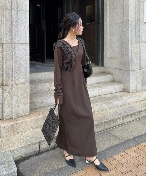 「美品」LE'RURE 刺繍入りフリル袖ロングドレス LE'RURE ドレス Shoulder frill I line dress : ZOZOTOWN Yahoo!店