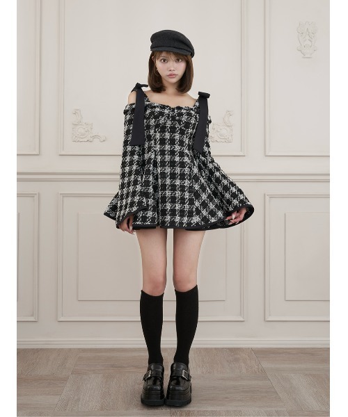 ダーリッチ♡ツイードチェックリボンミニワンピース 黒 ドレス Fサイズ Darich（ダーリッチ） ワンピース クラッシーリボンツイードフレアミニ