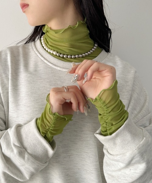 un+frame tシャツ shirring mellow sheer tops／袖シャーリング
