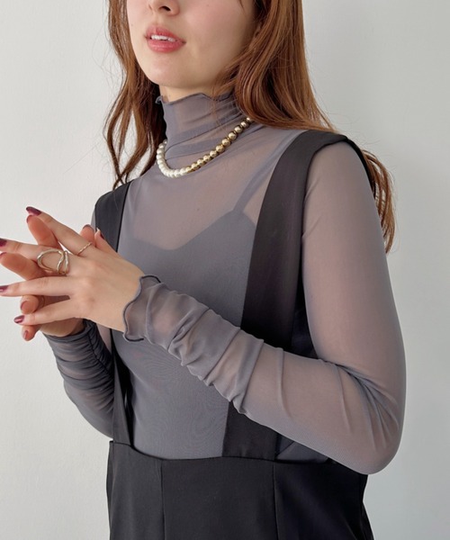 un+frame tシャツ shirring mellow sheer tops／袖シャーリング