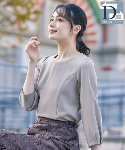 Tiaclasse ブラウス シャツ 「ダブルストレッチ・洗える」タックパフ袖