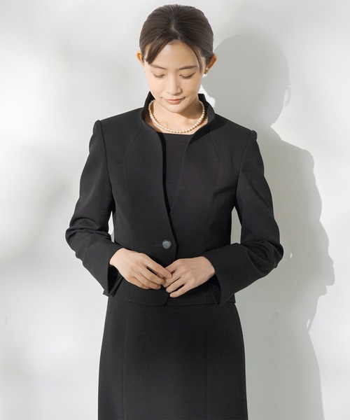 セレモニースーツ セットアップ 「前開き」「喪服・礼服」フリルカラー＆フレアワンピース ブラックフォーマルセットアップスーツ/日本製素材 レディースの画像