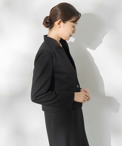 セレモニースーツ セットアップ 「前開き」「喪服・礼服」フリルカラー＆フレアワンピース ブラックフォーマルセットアップスーツ/日本製素材 レディースの画像