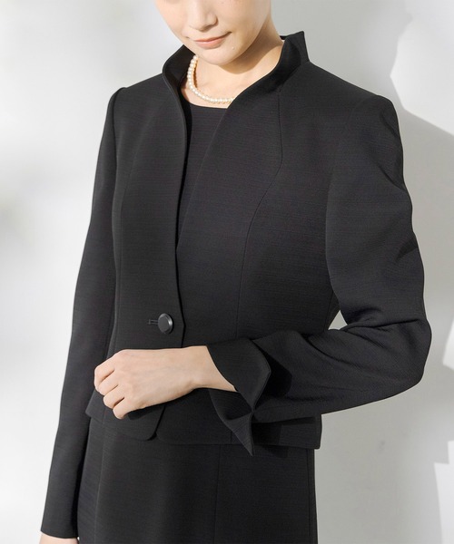 セレモニースーツ セットアップ 「前開き」「喪服・礼服」フリルカラー＆フレアワンピース ブラックフォーマルセットアップスーツ/日本製素材 レディースの画像