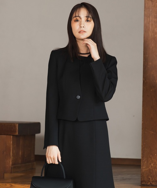 セレモニースーツ セットアップ 「前開き」「喪服・礼服」フリルカラー＆フレアワンピース ブラックフォーマルセットアップスーツ/日本製素材 レディースの画像