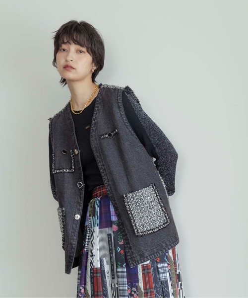 新品　タグ付！エイミーロウ　ツィード MIXボタンベストジレ Eimee Law ベスト ジレ デニム＆ツィード MIXボタンベストジレ