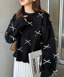 andme ニット セーター 配色リボン袖ボリュームシャギーニット