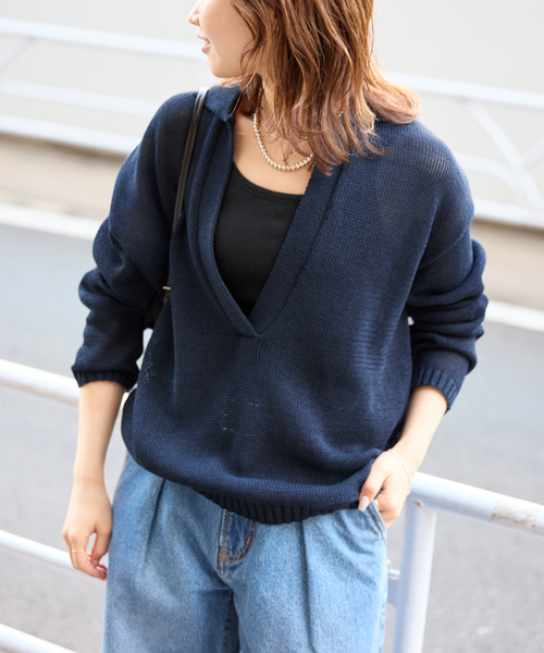 SLOBE IENA ニット セーター ペーパーヤーン襟付きスキッパー
