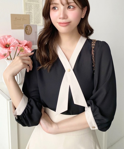 moment+ ブラウス シャツ シフォンジョーゼットクロスボウタイ風