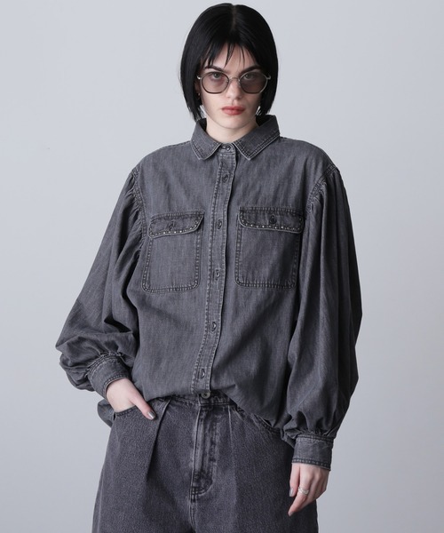 ブラウス シャツ (GENE HEAVENS)VOLUME SLEEVE DENIM SHIRT WITH STUDS レディース