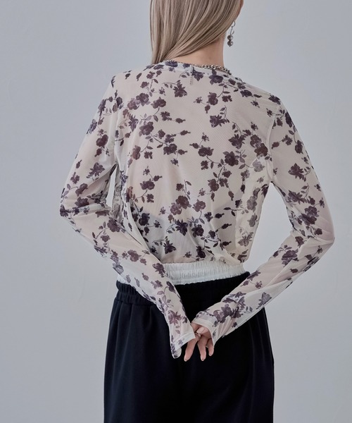 【JOAN】新品　Lサイズ社交ダンス シアー袖ローズプリントカットソー12107 etoll.（エトル） tシャツ ローズプリントシアートップス レディース
