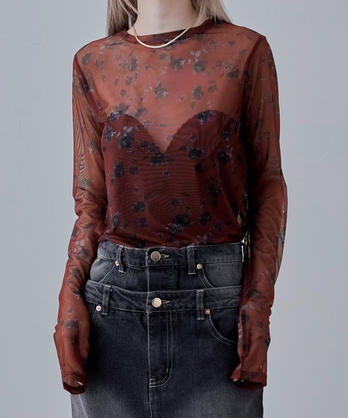 トップス Rose etoll.（エトル） tシャツ ローズプリントシアートップス レディース