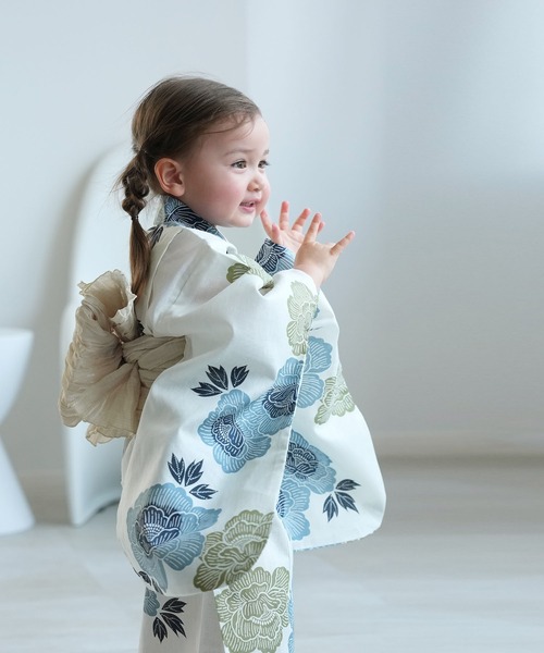 utatane 浴衣 キッズ浴衣3点セット 水色と青磁色の牡丹 キッズ