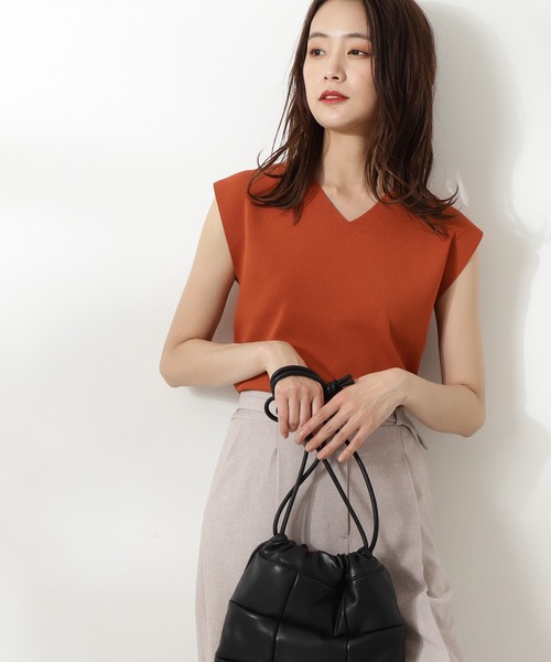 ✨新品未使用か✨CABaN ノースリーブニット ブラウン・アイボリー 洗える】オーガニックコットンリブ ノースリーブニット （ニット