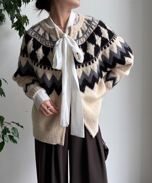 DouDou（ドゥドゥ） カーディガン ノルディック柄ジップニット