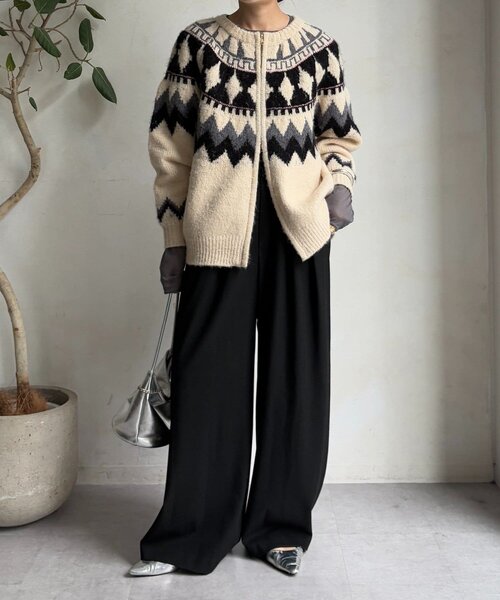 DouDou（ドゥドゥ） カーディガン ノルディック柄ジップニット