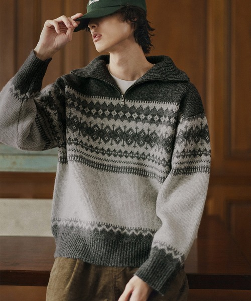 Bleme セーター ニット クラシック ノルディック ハーフジップニット