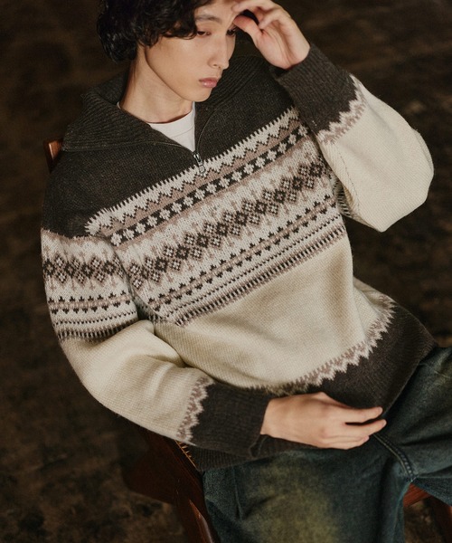 Bleme セーター ニット クラシック ノルディック ハーフジップニット