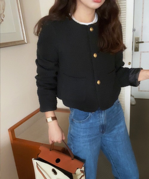 「LAUIR」 ノーカラージャケット LARGE ブラック レディース_画像4