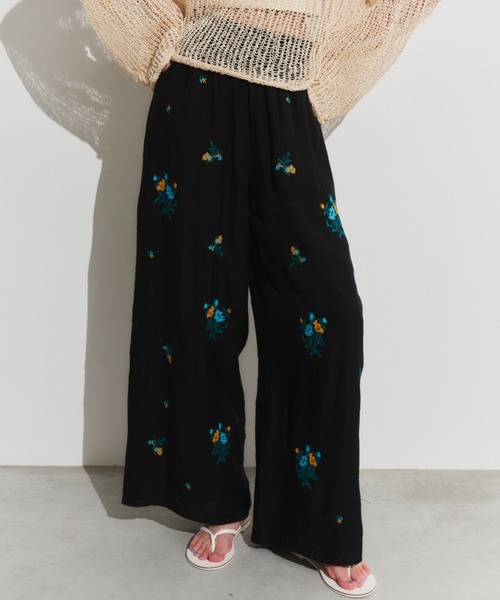 ワイドパンツ パンツ オリジナル刺繍楊柳イージーパンツ レディースの画像