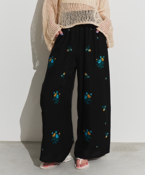 ワイドパンツ パンツ オリジナル刺繍楊柳イージーパンツ レディースの画像