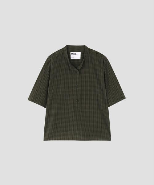 未使用 MHL HIGHTWISTED COTTON 半袖 シャツ 日本製 MHL.（エムエイチエル） ブラウス シャツ 半袖 YARN DYED COTTON VOILE