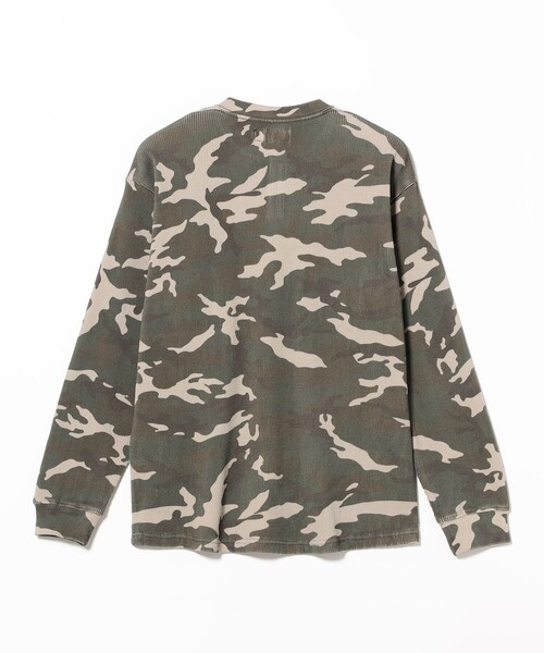 BEAMS 迷彩柄 ワッフルカットソー 長袖 BEAMS T（ビームスT） ヘンリーネック tシャツ Camo Waffle Henley