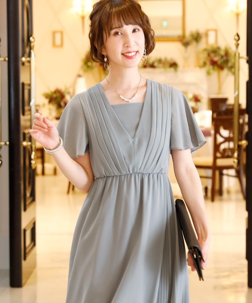 ◆結婚式 パーティー アシンメトリー ワンピース ドレス 肩スト PourVous ドレス 袖あり＆ミモレ丈ワンピースドレス