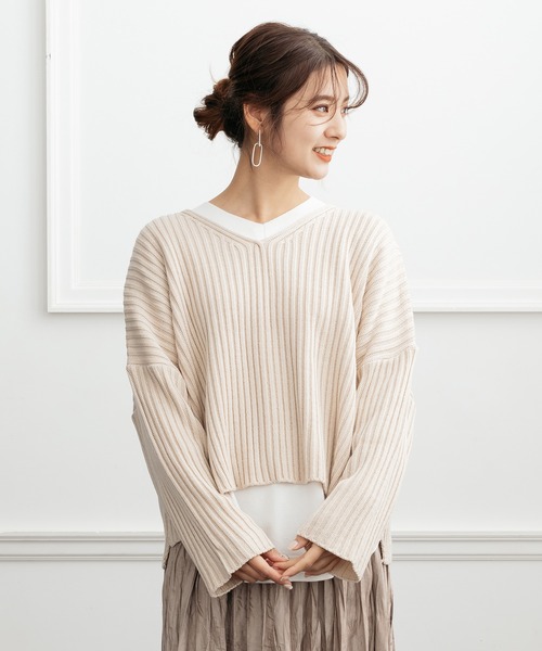 ニット セーター ゆるシルエットリブVネックニット レディース