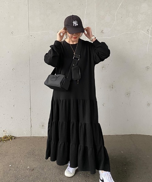 【送料込】ティアード ロング 長袖 フレア ワンピース I-SOOK ワンピース ティアードロングフレアワンピース