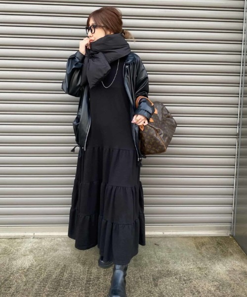 ワンピース 長袖 フロントジッパー ゆったり ティアード フレア I-SOOK ワンピース ティアードロングフレアワンピース