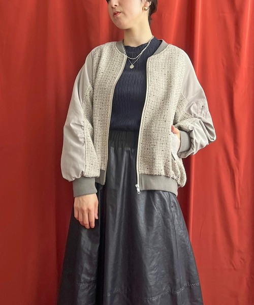 LHELBIE（レルビエ） ブルゾン アウター MA-1スリーブツイードブルゾン