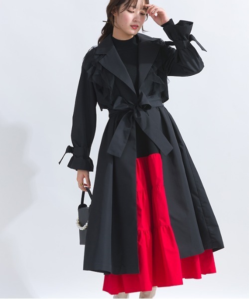 ♡極美品♡ Rene 撥水プリマコート フリルチェックトレンチコート 黒 ♡極美品♡ Rene 撥水プリマコート フリルチェックトレンチコート 黒 ♡