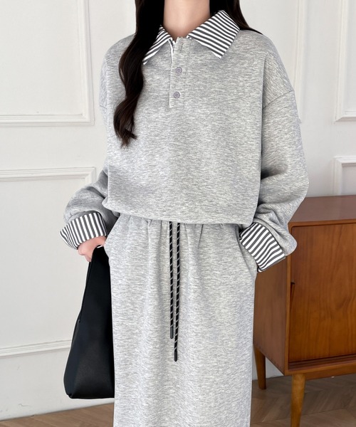 emi+ セットアップ ストライプドッキングポロ襟スウェットセットアップ