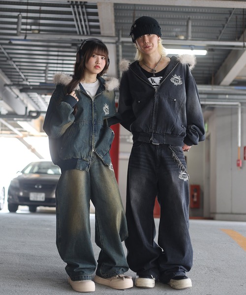 UNISEX ATMARKトライバルクラウン ロゴバギーデニム セットアップ可能 ATMARK ジーンズ デニム デニムパンツ 「2サイズ展開 / UNISEX
