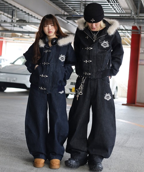 UNISEX ATMARKトライバルクラウン ロゴバギーデニム セットアップ可能 ATMARK ジーンズ デニム デニムパンツ 「2サイズ展開 / UNISEX