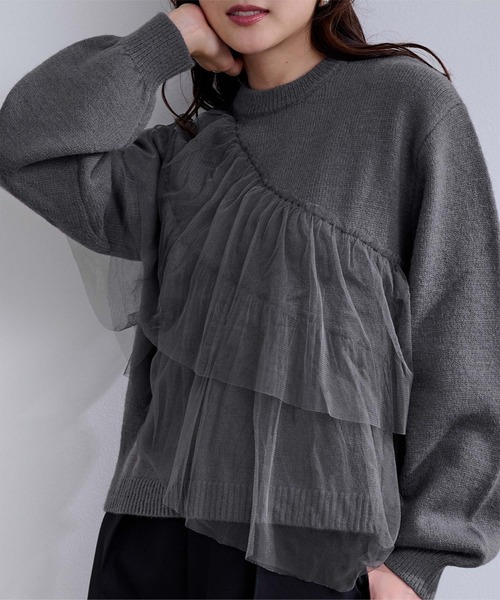OHGA グレー フリルニットセーター F ur's（ユアーズ） ニット セーター アルパカチュール肩フリルニット