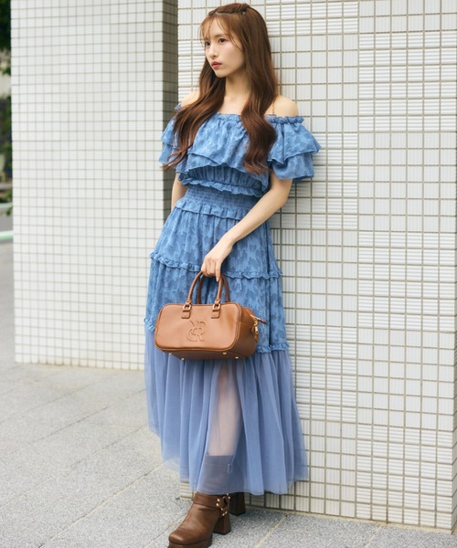 ワンピース 半袖 オフショルダー 2WAY Aライン ハイウェスト rienda ワンピース 「AKB48 平田侑希さん着用」ツーウェイ