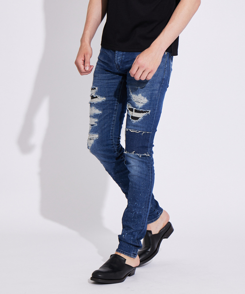 5351 POUR LES HOMMES ダメージ加工デニムスキニーパンツ　46 5351 POUR LES HOMMES 「5351 HOMMES」 加工スキニーデニム