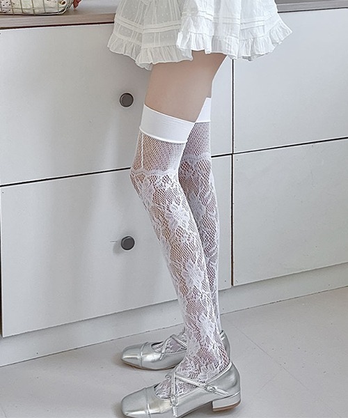 c.u.l 靴下 フラワーレース 網タイツ風 ニーハイソックス cula1171