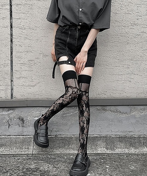 c.u.l 靴下 フラワーレース 網タイツ風 ニーハイソックス cula1171
